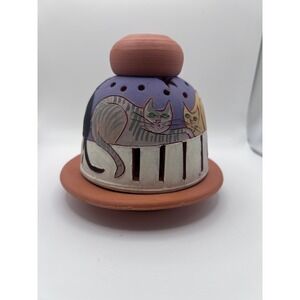 Hand Painted Terra Cotta Dome Tea Light Candle Holder Cute Cats Animal Lover‎